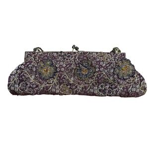 Vintage Beaded Brocade Evening Purse Floral Kiss Lock Chain Bag 1950s–60s Formal